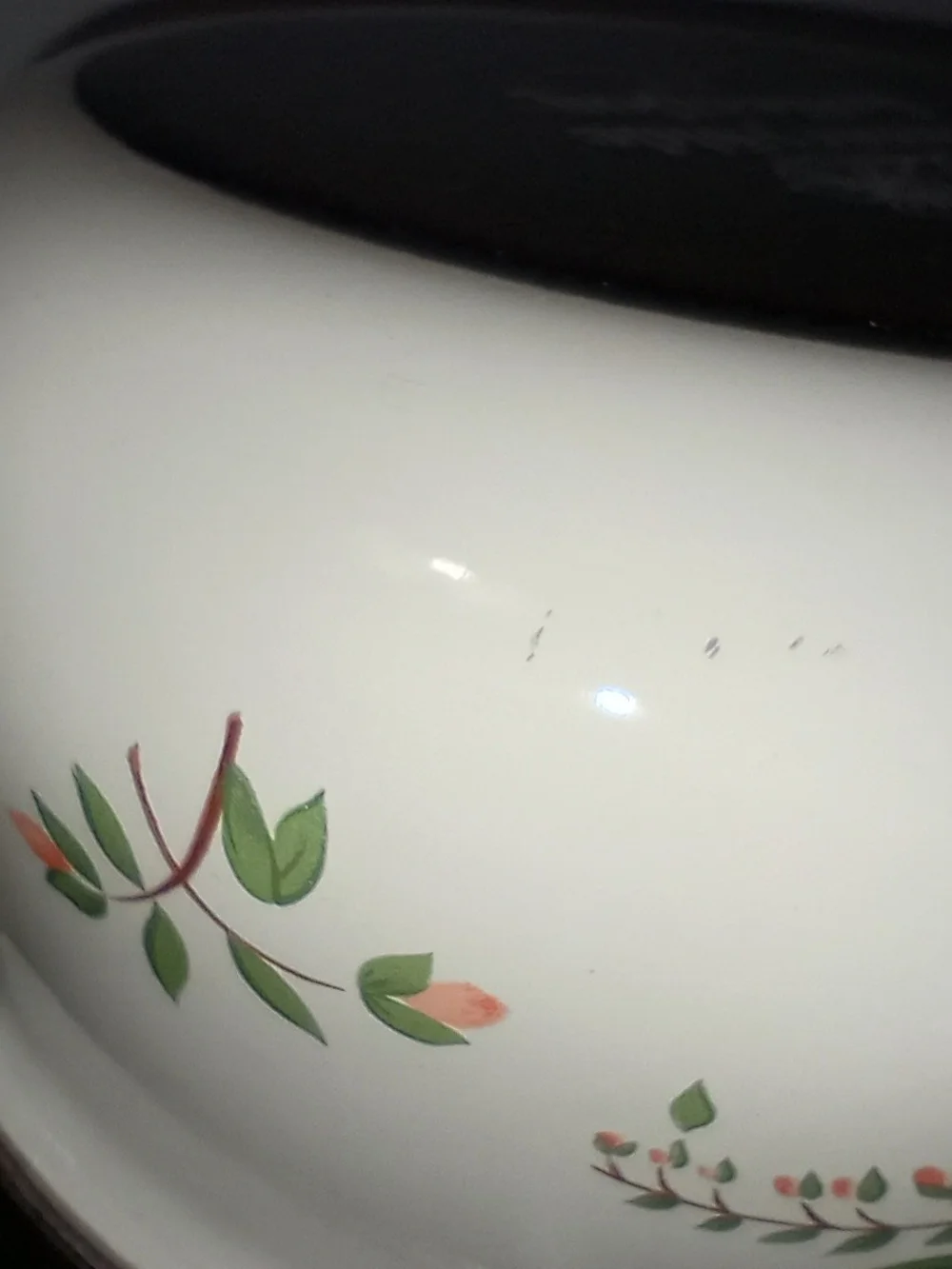 Cream Enamel Saucepan with Orange Floral Motif and Brown Handle